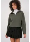 55449 Fermuarlı Yaka Örme Sweatshirt - Haki