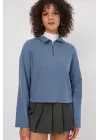 55449 Fermuarlı Yaka Örme Sweatshirt - İndigo