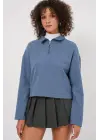 55449 Fermuarlı Yaka Örme Sweatshirt - İndigo