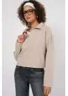 55449 Fermuarlı Yaka Örme Sweatshirt - Krem