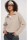 55449 Fermuarlı Yaka Örme Sweatshirt - Krem