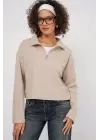 55449 Fermuarlı Yaka Örme Sweatshirt - Krem