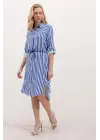 5629 Çizgili Kemerli Elbise - Saks