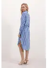 5629 Çizgili Kemerli Elbise - Saks