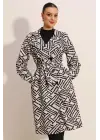 5853 Desenli Kruvaze Yaka Trençkot - C.Beyaz