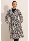 5853 Desenli Kruvaze Yaka Trençkot - C.Beyaz