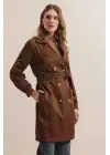 5864 Kruvaze Yaka Kısa Trençkot - Kahverengi