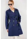 5864 Kruvaze Yaka Kısa Trençkot - Lacivert