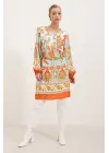 5902 Kemerli Desenli Elbise - Turuncu