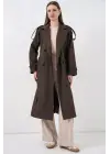 5941 Kruvaze Yaka Uzun Trençkot - Kahverengi
