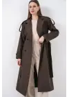 5941 Kruvaze Yaka Uzun Trençkot - Kahverengi