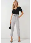 6556 Kemerli Kumaş Pantolon - Gri