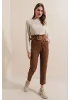 6556 Kemerli Kumaş Pantolon - Kahverengi