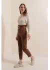 6556 Kemerli Kumaş Pantolon - Kahverengi