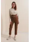 6556 Kemerli Kumaş Pantolon - Kahverengi