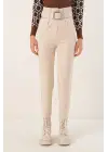 6556 Kemerli Kumaş Pantolon - Krem
