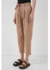 6660 Kemerli Keten Pantolon - Bisküvi