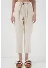 6660 Kemerli Keten Pantolon - Krem