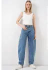 6689 Yüksek Bel Baggy Kot Pantolon - Mavi