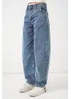 6689 Yüksek Bel Baggy Kot Pantolon - Mavi