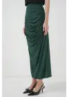 8035 Büzgülü Midi Etek - Zümrüt Yeşili