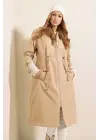 9091 Beli Büzgülü Kapşonlu Trençkot - Bej