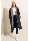 9091 Beli Büzgülü Kapşonlu Trençkot - Lacivert