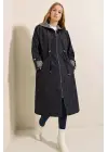 9091 Beli Büzgülü Kapşonlu Trençkot - Lacivert