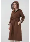 9091 Beli Büzgülü Kapşonlu Trençkot - M. Kahverengi