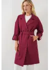 9104 Kruvaze Yaka Astarlı Trençkot - Bordo