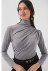 925 Büzgü Detaylı Sandy Bluz - Gri