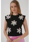 930 Kısa Kol Desenli Crop Bluz - Siyah