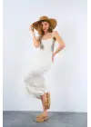 Ajurlu Astarlı Elbise - Ekru