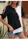 Omarı Asimetrik Kesim Detaylı Kadın Kısa Kollu Bluz