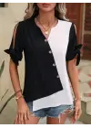 Omarı Asimetrik Kesim Detaylı Kadın Kısa Kollu Bluz