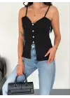 Askılı Dekolte Deraylı Bluz Crop - Siyah