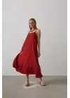 Askılı Uzun Çan Elbise - Bordo