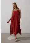 Askılı Uzun Çan Elbise - Bordo