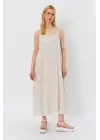 Askılı Uzun Çan Elbise - Natür