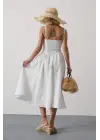 Askılı Uzun Elbise - Beyaz