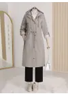Astarı Çizgili Trençkot  -Gri