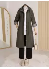 Astarı Çizgili Trençkot    -Haki