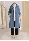 Astarı Çizgili Trençkot      -İndigo