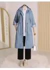 Astarı Çizgili Trençkot     -Mavi