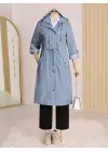 Astarı Çizgili Trençkot     -Mavi