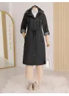 Astarı Çizgili Trençkot    -Siyah
