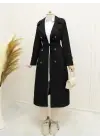 Astarlı Kemerli Trenckot -Siyah