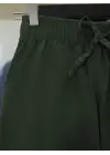 Bağcık Detaylı Bol Paça Beli Lastikli Keten Pantolon -Haki