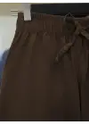 Bağcık Detaylı Bol Paça Beli Lastikli Keten Pantolon -Kahve