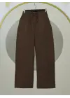 Omarı Keten Pantolon Bol Paça Beli Lastikli - Kahve